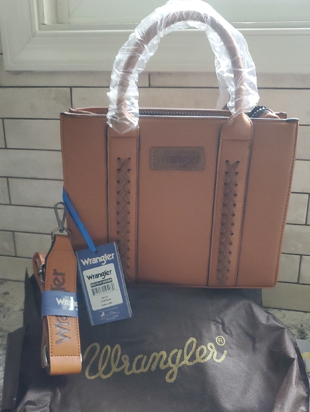 Wrangler Tan Leather Messenger Satchel with Braided Detail